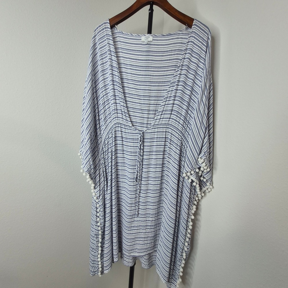 Crown & Ivy Curvy Blue White Striped Pom Pom Trim Swim Cover Up Kaftan Plus 3X